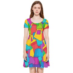 Abstract Cube Colorful  3d Square Pattern Inside Out Cap Sleeve Dress