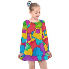 Abstract Cube Colorful  3d Square Pattern Kids  Long Sleeve Dress