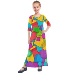 Abstract Cube Colorful  3d Square Pattern Kids  Quarter Sleeve Maxi Dress