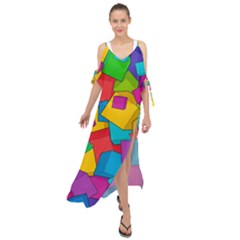 Abstract Cube Colorful  3d Square Pattern Maxi Chiffon Cover Up Dress