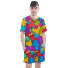 Abstract Cube Colorful  3d Square Pattern Men s Mesh T-Shirt and Shorts Set