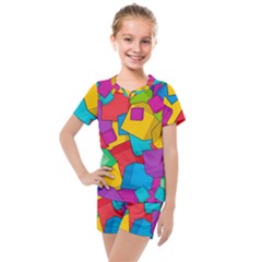 Abstract Cube Colorful  3d Square Pattern Kids  Mesh T-Shirt and Shorts Set