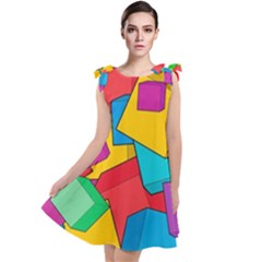 Abstract Cube Colorful  3d Square Pattern Tie Up Tunic Dress