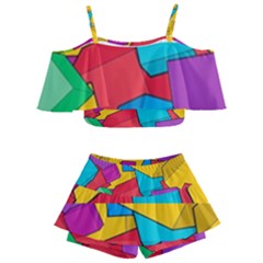 Abstract Cube Colorful  3d Square Pattern Kids  Off Shoulder Skirt Bikini