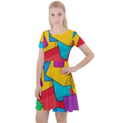 Abstract Cube Colorful  3d Square Pattern Cap Sleeve Velour Dress 