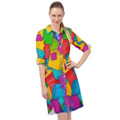 Abstract Cube Colorful  3d Square Pattern Long Sleeve Mini Shirt Dress