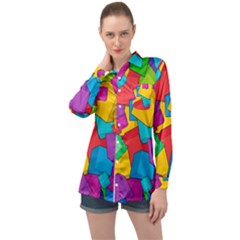 Abstract Cube Colorful  3d Square Pattern Long Sleeve Satin Shirt