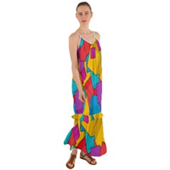 Abstract Cube Colorful  3d Square Pattern Cami Maxi Ruffle Chiffon Dress