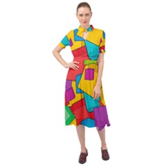 Abstract Cube Colorful  3d Square Pattern Keyhole Neckline Chiffon Dress