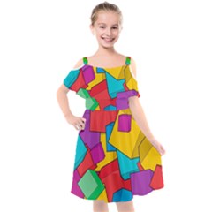 Abstract Cube Colorful  3d Square Pattern Kids  Cut Out Shoulders Chiffon Dress