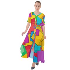 Abstract Cube Colorful  3d Square Pattern Waist Tie Boho Maxi Dress