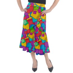 Abstract Cube Colorful  3d Square Pattern Midi Mermaid Skirt