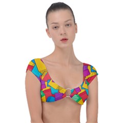 Abstract Cube Colorful  3d Square Pattern Cap Sleeve Ring Bikini Top