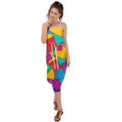 Abstract Cube Colorful  3d Square Pattern Waist Tie Cover Up Chiffon Dress