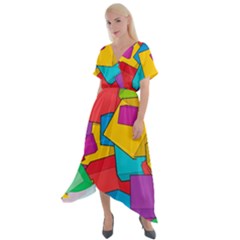 Abstract Cube Colorful  3d Square Pattern Cross Front Sharkbite Hem Maxi Dress