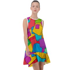 Abstract Cube Colorful  3d Square Pattern Frill Swing Dress