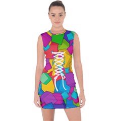 Abstract Cube Colorful  3d Square Pattern Lace Up Front Bodycon Dress