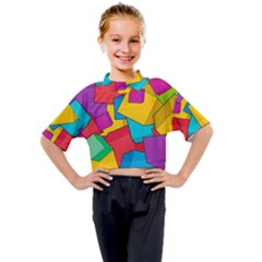 Abstract Cube Colorful  3d Square Pattern Kids Mock Neck T-Shirt