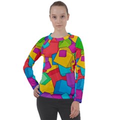 Abstract Cube Colorful  3d Square Pattern Women s Long Sleeve Raglan T-Shirt