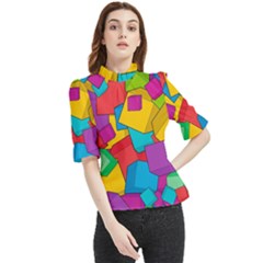 Abstract Cube Colorful  3d Square Pattern Frill Neck Blouse
