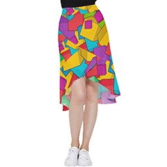 Abstract Cube Colorful  3d Square Pattern Frill Hi Low Chiffon Skirt