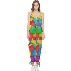 Abstract Cube Colorful  3d Square Pattern Sleeveless Tie Ankle Chiffon Jumpsuit