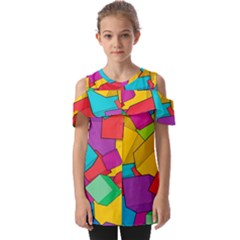 Abstract Cube Colorful  3d Square Pattern Fold Over Open Sleeve Top