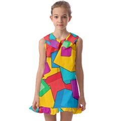 Abstract Cube Colorful  3d Square Pattern Kids  Pilgrim Collar Ruffle Hem Dress