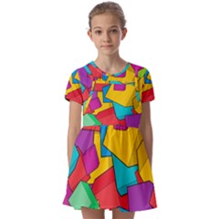 Abstract Cube Colorful  3d Square Pattern Kids  Short Sleeve Pinafore Style Dress