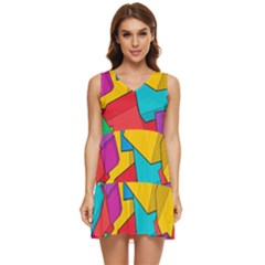 Abstract Cube Colorful  3d Square Pattern Tiered Sleeveless Mini Dress