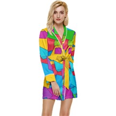 Abstract Cube Colorful  3d Square Pattern Long Sleeve Satin Robe