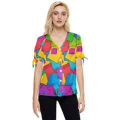 Abstract Cube Colorful  3d Square Pattern Bow Sleeve Button Up Top