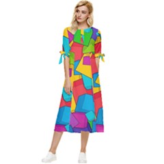 Abstract Cube Colorful  3d Square Pattern Bow Sleeve Chiffon Midi Dress