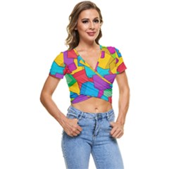 Abstract Cube Colorful  3d Square Pattern Short Sleeve Foldover T-Shirt