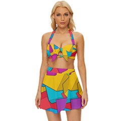 Abstract Cube Colorful  3d Square Pattern Vintage Style Bikini Top and Skirt Set 