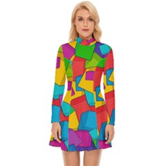 Abstract Cube Colorful  3d Square Pattern Long Sleeve Velour Longline Dress