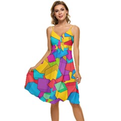 Abstract Cube Colorful  3d Square Pattern Sleeveless Tie Front Chiffon Dress