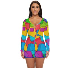Abstract Cube Colorful  3d Square Pattern Long Sleeve Boyleg Swimsuit