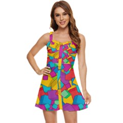 Abstract Cube Colorful  3d Square Pattern Ruffle Edge Bra Cup Chiffon Mini Dress