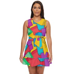 Abstract Cube Colorful  3d Square Pattern Waist Tie Tier Mini Chiffon Dress