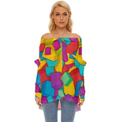 Abstract Cube Colorful  3d Square Pattern Off Shoulder Chiffon Pocket Shirt