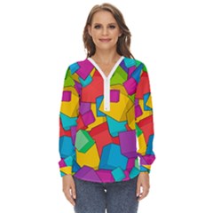 Abstract Cube Colorful  3d Square Pattern Zip Up Long Sleeve Blouse