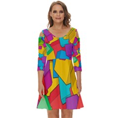 Abstract Cube Colorful  3d Square Pattern Shoulder Cut Out Zip Up Dress