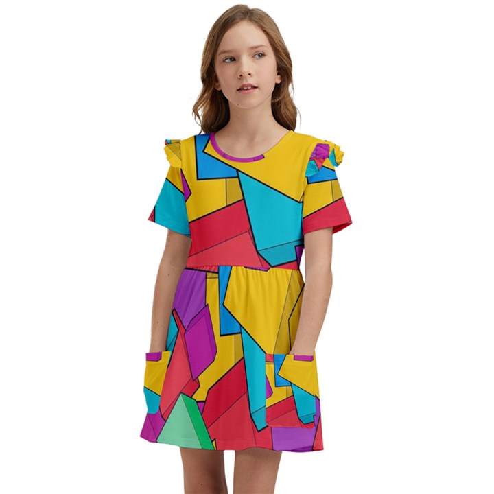 Abstract Cube Colorful  3d Square Pattern Kids  Frilly Sleeves Pocket Dress