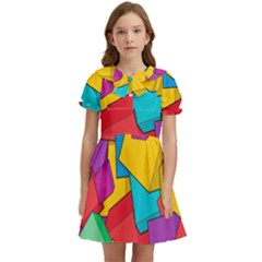 Abstract Cube Colorful  3d Square Pattern Kids  Bow Tie Puff Sleeve Dress