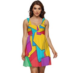 Abstract Cube Colorful  3d Square Pattern Ruffle Strap Babydoll Chiffon Dress