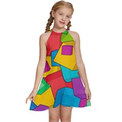 Abstract Cube Colorful  3d Square Pattern Kids  Halter Collar Waist Tie Chiffon Dress