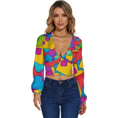Abstract Cube Colorful  3d Square Pattern Long Sleeve Deep-V Velour Top