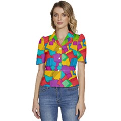 Abstract Cube Colorful  3d Square Pattern Puffed Short Sleeve Button Up Jacket
