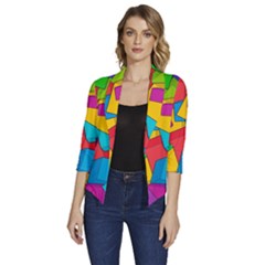 Abstract Cube Colorful  3d Square Pattern Women s Draped Front 3/4 Sleeve Shawl Collar Jacket